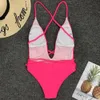 Halter badkläder neon bikini djup v-neck baddräkt kvinnor monokini sträng sexig baddräkt ett stycke bodysuiter högklippta badkläder kvinnor