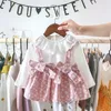 Splice Bow Drukuj Dziewczyny Sukienka Z Długim Rękawem O-Neck Odzież Mini Dziewczyny Sukienka Dzieci Moda Dzieci Odzież Boutique