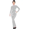 Plus Storlek Lady O-Neck Långärmad Lång Klänning Sexig Bodycon Ankel Längd Vestido Wet Look PVC Nightclub Outfit Cosplay Club Dress