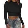 Zomer Vrouwen Slanke T-shirt Zwart Wit Kaki Lange Mouw T-shirt Cross Oneck Sexy Crop Top 20209954637