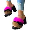 Женщины платформы меховые тапочки 2020 Женщина высокие каблуки женские плюшевые скольжения дамы открытые пальцы насосы женские скольжения на обувь плюс размер