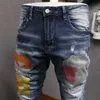 Outono buraco denim jeans masculino bordado marca de moda jeans estilo coreano vaqueros hombre magro lavado fino elástico fee221b