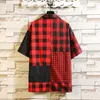 Harajuku mode japansk stil mens kortärmad plädskjorta manlig patchwork sommar streetwear 100% bomull skjorta kemise homme