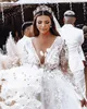 플러스 사이즈 컨트리 웨딩 드레스 2020 긴 소매 V 넥 레이스 신부 가운 라인 Vestido de Novia
