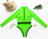 Sexy Zipper Sports One Piece Swimsuit Long Sleeve Neon Swimwear Women Belt Bodysuit High Cut Surf Suits Rash Guard Bathing Suit2929436590