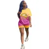 Womens Sexy 2 Piece Outfits Gradient Lip Print Short Sleeve T Shirt Bodycon Shorts Set Jumpsuit Rompers Size (S, M, L, XL, XXL)