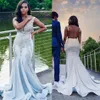 Vestidos de novia de diamantes de imitación de lujo Sirena Novia Vestidos de novia sin tirantes Apliques de encaje Columna de vaina con cuentas de cristal por encargo Tallas grandes