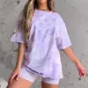 Summer Women Clothing Set Tie Dye Luźna Koszulka Okrągły Kołnierz Krótki Rękaw Top + Szorty 2 Sztuk / Zestaw Mody Dopasowanie Zestawy Sportwear