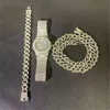 Hip Hop Necklace +Watch+Bracelet Bling Iced Out Miami Zircon Cuban Full Pave Rhinestone Men Bracelet Necklace For Men Jewelry