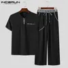 Heren Trainingspakken Incerun Mannen Sets Casual Homewear V-hals Korte Mouw Patchwork T-shirt Broek Bodybuilding Workout Mens Pak Pyjama Summer1