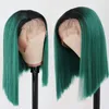 Green Lace Front Wigs Dark Roots Ombre Green 2 Tone Color Short Bob Wig Heat Resistant Fiber Synthetic Hair Glueless Lace Wigs for Women