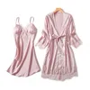 Women's Sleepwear Silky Women Silk Robe Gown Set Summer Sexy Lace Trim Dress Elegant Woman Pajamas Casual Bathrobe Sets