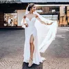 Jurken High Split Beach trouwjurken van de schouder Puffy Sheeves Chiffon Boho Beach Bridal Dress Lente Summer Plus Size Vestidos D