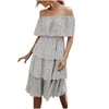 2020 Kvinnor Casual Dress Sommar Ladies Dot Skriv ut Axelklänning Ruffled Kortärmad Bandeau Sundress Sexy Midi Femme