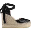 Designer dames lederen wiggen platform canvas schoenen lederen grosgrain veter-up touw zool sandalen kalfskin schoen buiten