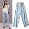 2020 Maternity Loose Thin Cotton Polyester Trousers Pregnancy High Waist Crop Pants for Pregnant Women Clothes Wide Leg Clothing