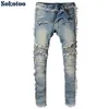 Sokotoo Men's Vintage Washed Denim Fringe Biker Jeans for Moto Fashionスリムフィットストレートパッチワークパンツ