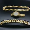 2cm Hip Hop Gold Color Iced Out Crystal Miami Cuban Chain Gold Silver Men Watch & Necklace & Bracelet Set Hip Hop King New