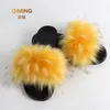 Kvinnors Vegansk Faux Fur Tofflor Fuzzy Slides Fluffy Sandaler Öppna Toe Inomhus Utomhus Skor Kvinna Slipper Furry Y200706