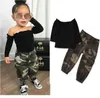 Sonbahar Moda Çocuklar Bebek Kız Giysileri Set Siyah Uzun Kollu Kapalı Omuz T-Shirt Tops + Kamuflaj Cep Kargo Pantolon Kıyafet 1-6Y