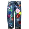 Retro Women's Jeans Floral Printed Distressed Pants Long Trousers Straight Spring Autumn