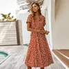 패션 여름 드레스 여성 2020 폴카 도트 프린트 하이 허리 빈티지 A- 라인 드레스 우아한 싱글 브레스트 보호 미디 긴 드레스