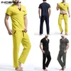 Heren Trainingspakken Incerun Mannen Sets Casual Homewear V-hals Korte Mouw Patchwork T-shirt Broek Bodybuilding Workout Mens Pak Pyjama Summer1