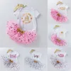 Ins-Baby Tutu Dot Kjol + Brev Skriv ut Romper + Crown Headband 3pcs / Set Girls Födelsedag Fotografi Klänning Kids Princess Party Clothe M2449