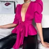 프릴 퍼프 슬리브 블라우스 셔츠 푹신한 활 레이스 업 V 넥 우아한 섹시한 Peplum 탑 여성 2020 여름 패션 블라우스 여성 의류 T200801
