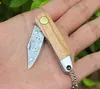 New Mini Small Damascus EDC Pocket Folding Knife Sweden Damascus Steel Blade Olive wood Handle With Leather Sheath