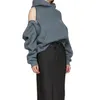 女性の暖かい冷たい肩のフード付きスウェットシャツセクシープラスベルベットルーズパーカー固体ロングトップS-L