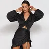 Sexig Deep V Neck Party Dress Kvinnor Satin Lace Up Ruffles Holow Out Ruched Klänning Kvinna Vestido Eleganta Slim Mini Dresses