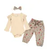 Conjunto de ropa para niña recién nacida, Pelele de manga larga de color sólido + Pantalones con estampado Floral + Diadema con lazo, 3 uds., atuendo de ropa infantil 1