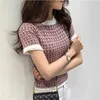 2020 Sommar Koreansk Tappning Elegant Stickad Tröja Kvinna T-Shirts Tees Kvinnor Kortärmad O-Neck Fashion Ladies Slim T Shirts Toppar Femme