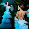 Light Sky Blue Prom Dresses With Extra Sleeves Deep V Neck Sequins Tiered Tulle TUTU Skirts Cocktail Party Dress Backless Evening Gowns