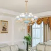European style crystal chandelier living room lamp zinc alloy led household blue ceramic net red ceiling lights bedroom pendant lamp