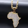 Hip Hop African Maps Full Drill Pendente Colares Conjunto Banhado a Ouro 14kK Auger Cristal Colar de Aço Inoxidável Homens Mulheres Jóias Presentes