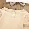 Yenidoğan Bebek Kız Giysileri Set Katı Renk Uzun Kollu Romper + Çiçek Baskı Pantolon + Yay Bandı 3 adet Bebek Giyim Outfit1