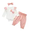 Yenidoğan Bebek Kız Giysileri Set Katı Renk Uzun Kollu Romper + Çiçek Baskı Pantolon + Yay Bandı 3 adet Bebek Giyim Outfit1