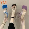 2020 Sexy Party Wedding Thin High Heels Sandaler Kvinnor Mode Cross Rem Gladiator Skor Kvinna Sommar Square Toes PVC Sandalias