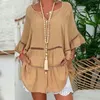 Feitong Plus Storlek Blus Damskjorta Solid Bomull Linen Hollow Out 3/4 Längd Ärm V-Neck Pullover Blusas Mujer de MODA 2020