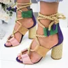 Femmes Sandales Lace Up Summer Summer Talons Femme Sandales Points Fish Mouth Gladiateur Sandales Ladies Pumps Corde de chanvre Talons hauts Y200620