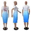 Womens gradient vestidos painéis designer fêmea de manga curta letra padrão longa saias moda tendência sexy rodada vestido casual solto