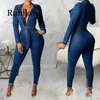 2020 denim macacão feminino manga longa frente zíper jeans macacão feminino com faixas plus size com cinto streetwear overal239o