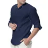 2024 Hot Mens Cotton Linen Henley Shirt 3/4 Sleeve Casual Breathable Shirts Fashion Summer Beach Tops Fashion Brand Clothes