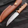 New Survival Straight Knife 7Cr17Mov Laser Pattern Drop Point Blade Full Tang Rosewood Handle Hunting Knives With Leather Sheath