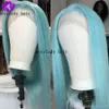 Light Sky Blue Straight Hand bunden syntetisk spetsfront peruk Glueless värmebeständig fiberhårdel för kvinnor Wigs2858722