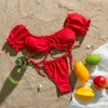 2020 Kortärmad badkläder Kvinnor Tie Side Baddräkt Högskuren Biquini In-X Solid Vit Ruffle Swimsuit Kvinnlig Bandeau Bikini