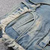 Sokotoo Men's vintage washed denim fringe biker jeans for moto Fashion slim fit straight patchwork pants for big and tall
