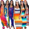 Plus storlek 3xl Summer Women Stripe Maxi Dress Trendy Tie Dye One-Piece Dress+pannband Trendiga kjol i kjolen Casual Skinny Slip Dress 3492